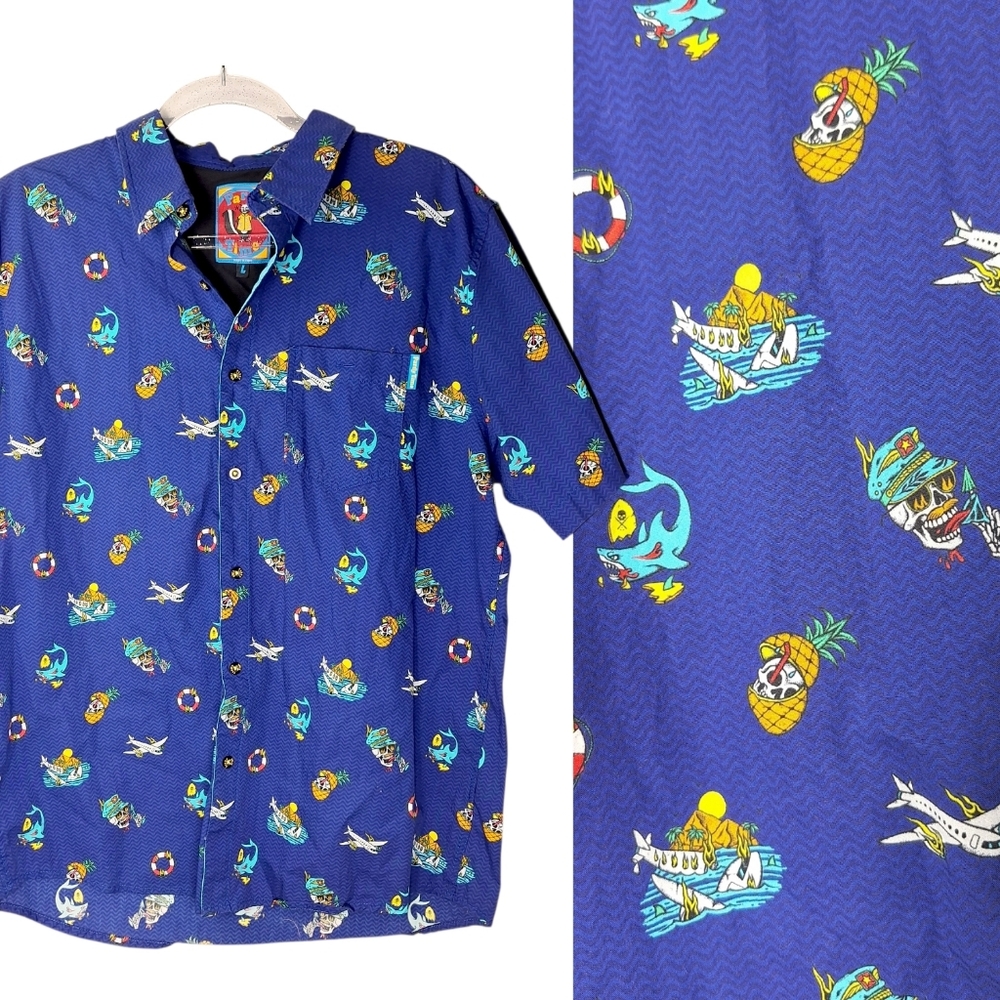 Pardy Time Nautical Hawaiian Skull Button Down Shirt Mens Large Short Sleeve